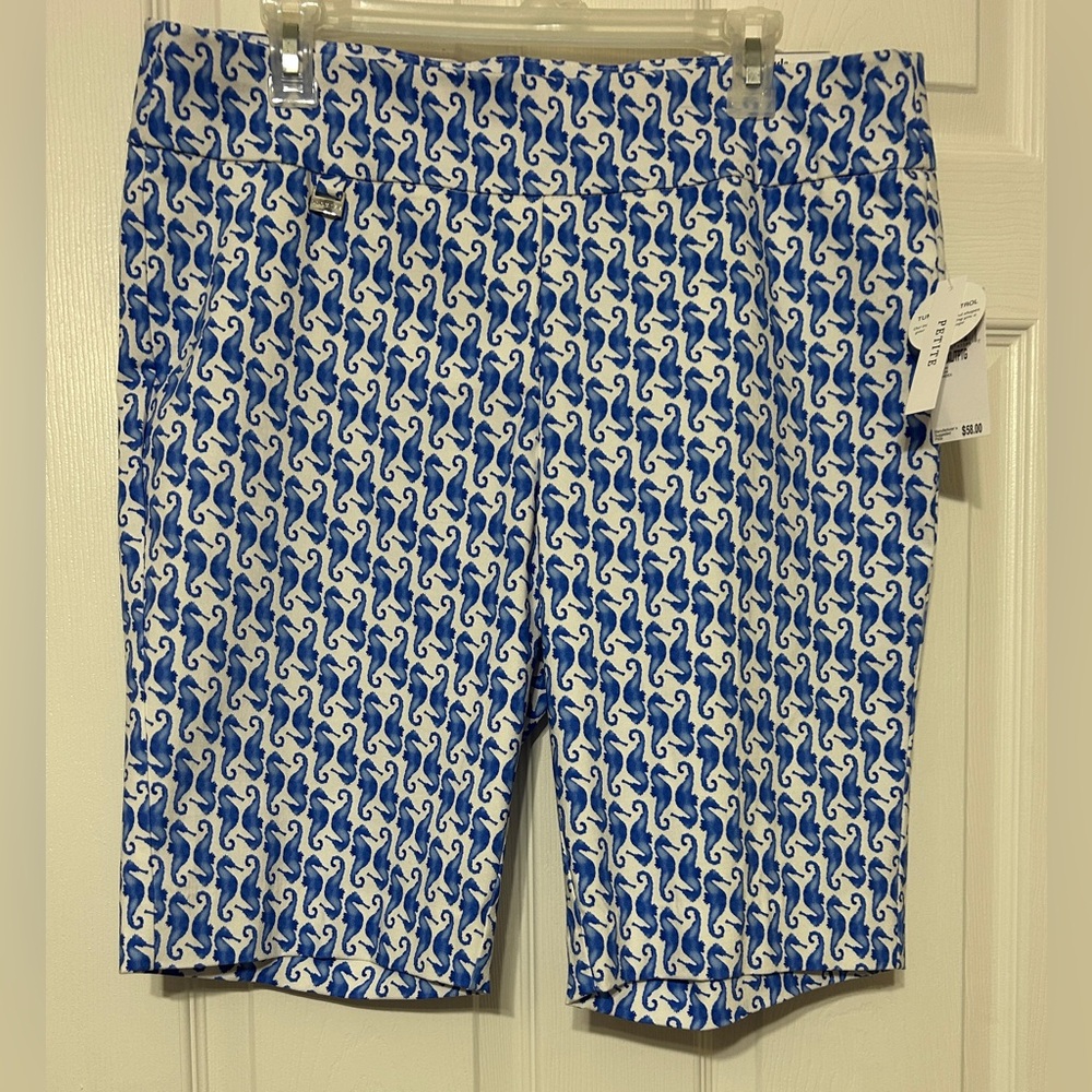 PREMISE Women’s Blue Seahorse Print Stretch Bermuda Shorts NWT Size Petite XL